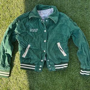 Urban Outfitters BDG green corduroy varsity jacket with white stripes